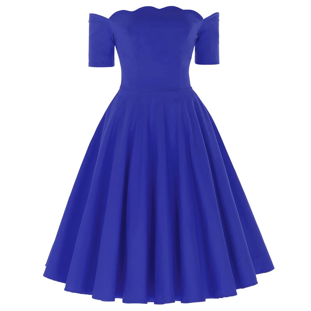 Dark Blue Вечернее платье в стиле ретро, винтажное, одноцветное, с коротким рукавом, с открытыми плечами, офисное, деловое, вечернее, летнее, женское, расклешенное, ТРАПЕЦИЕВИДНОЕ платье для женщин - Цвет: Dark Blue