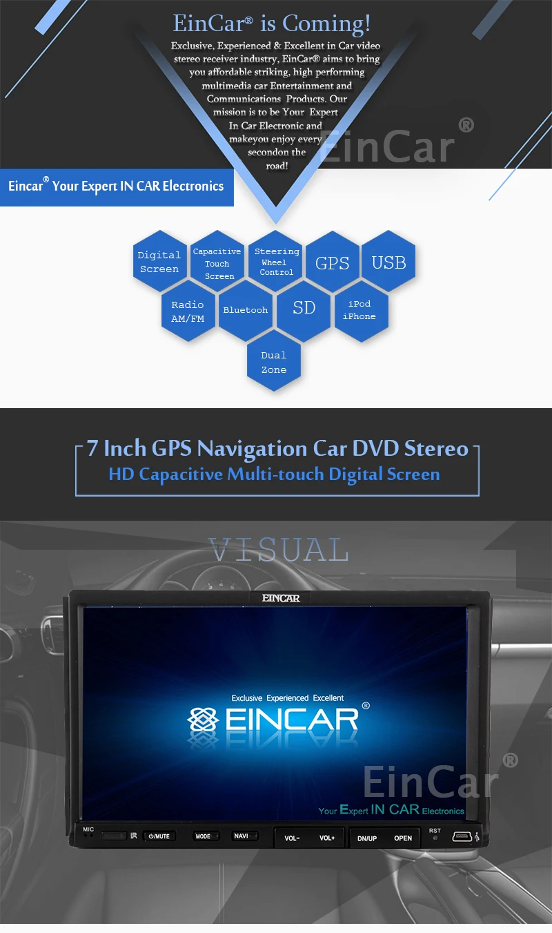 EinCar GPS Navi Capacitive Touch Screen Head Unit Receiver Audio In Dash System PC Double Din CD DVD Player Car Video Auto radio BT Audio Car Stereo 7 Inch Aux Camera