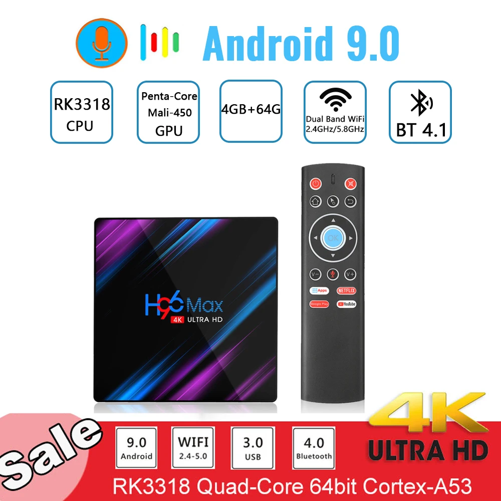 

RK3318 android 9.0 box tv h96 max OS set top tv box 4k USB 3.0 smart tv youtube 4 GB RAM 64GB media player google smart box