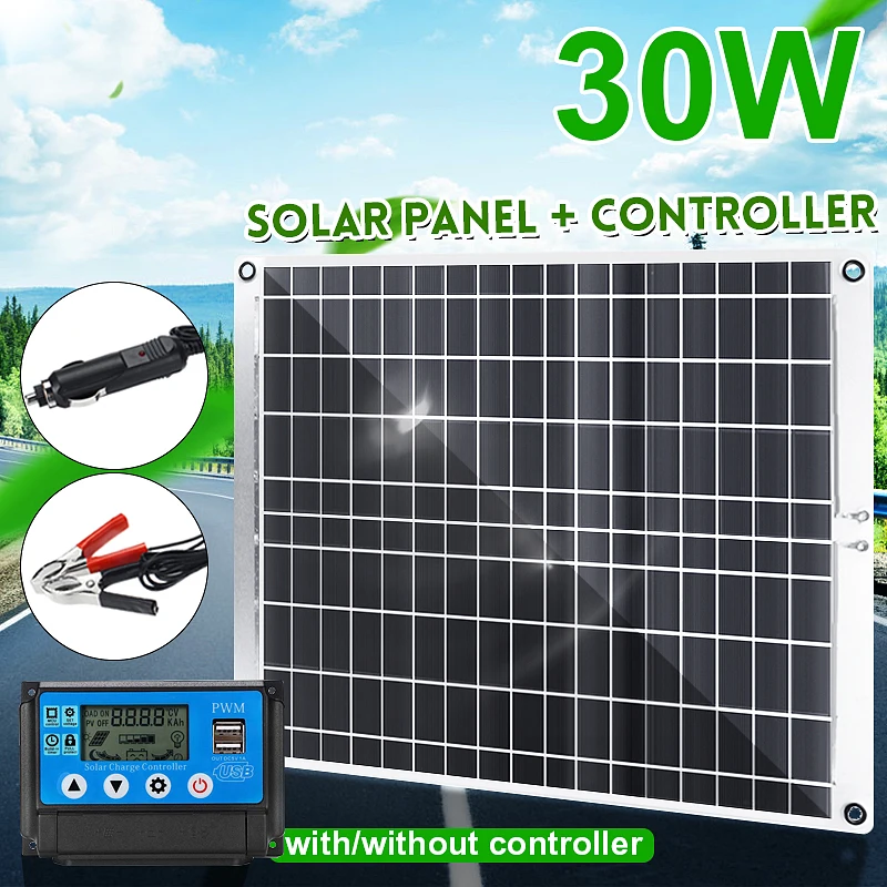 

30W USB Solar Panel Monocrystalline Solar Panel with Car Charger +10/20/30/40/50A Controller for Outdoor Camping Emergency Light