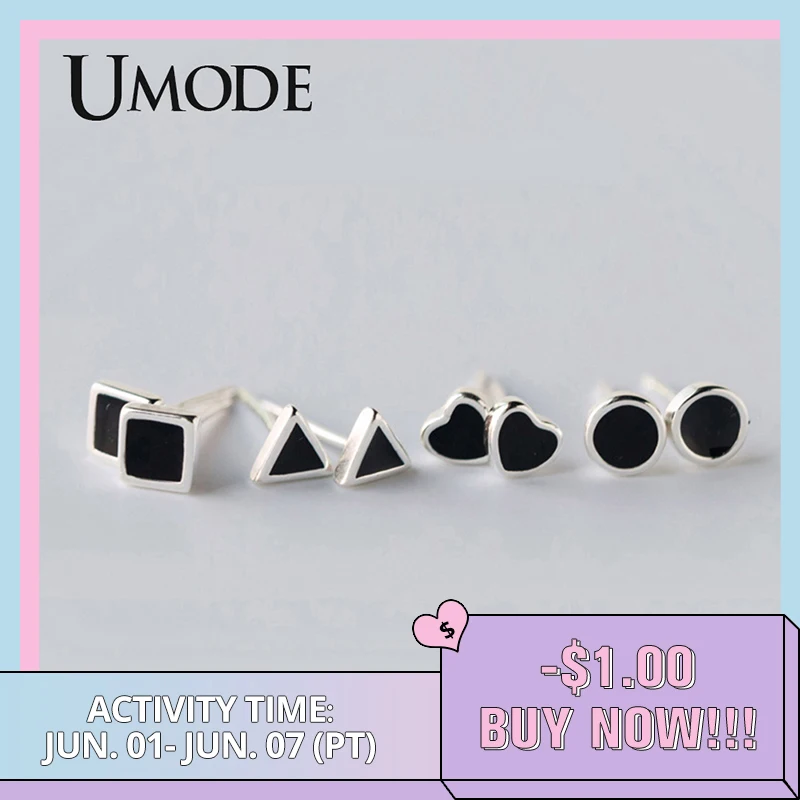 

UMODE New 2019 S925 Sterling Silver Stud Earrings Heart Black Earrings for Women Geometric Small Fashion Fine Jewelry ULE0564