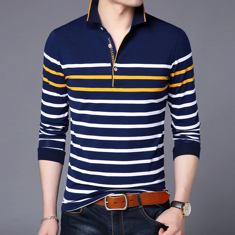 Новая модная брендовая мужская рубашка поло в полоску с длинным рукавом из мерсеризованного хлопка, приталенная повседневная мужская одежда
