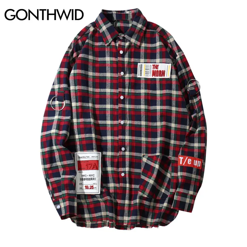 

GONTHWID Hip Hop Plaid Patchwork Long Sleeve Shirts Streetwear Mens Casual Turn Down Tops 2018 Cotton Loose Shirt Streetwear