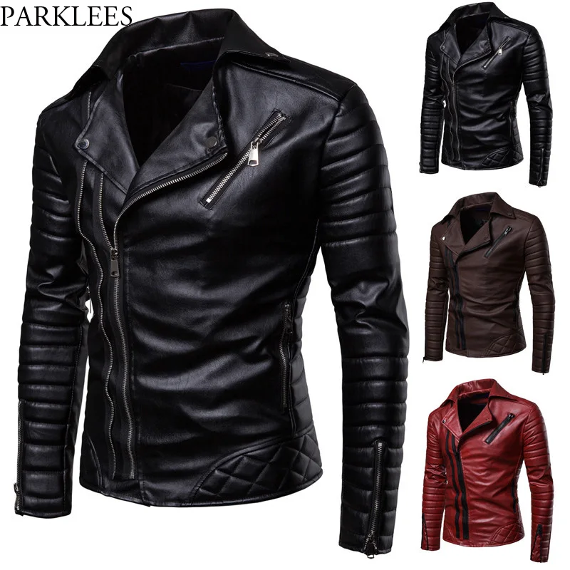 

Obique Zipper Motorcycle Leather Jacket Men 2018 Stylish Striped Winter Windproof Casaco Masculino PU Leather Jackets Coats Mens
