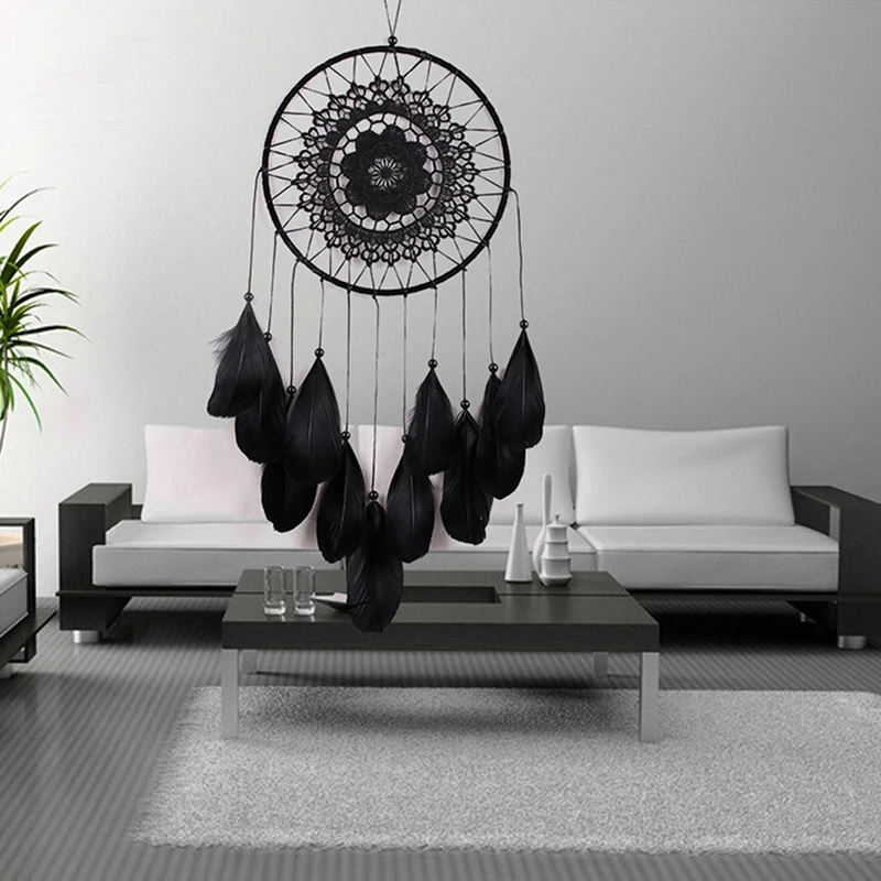 

Wall Hanging Decoration Crafts Ornament Dreamcatcher Gift Feathers Wind Chimes Black Handmade Dream Catcher With Feathers