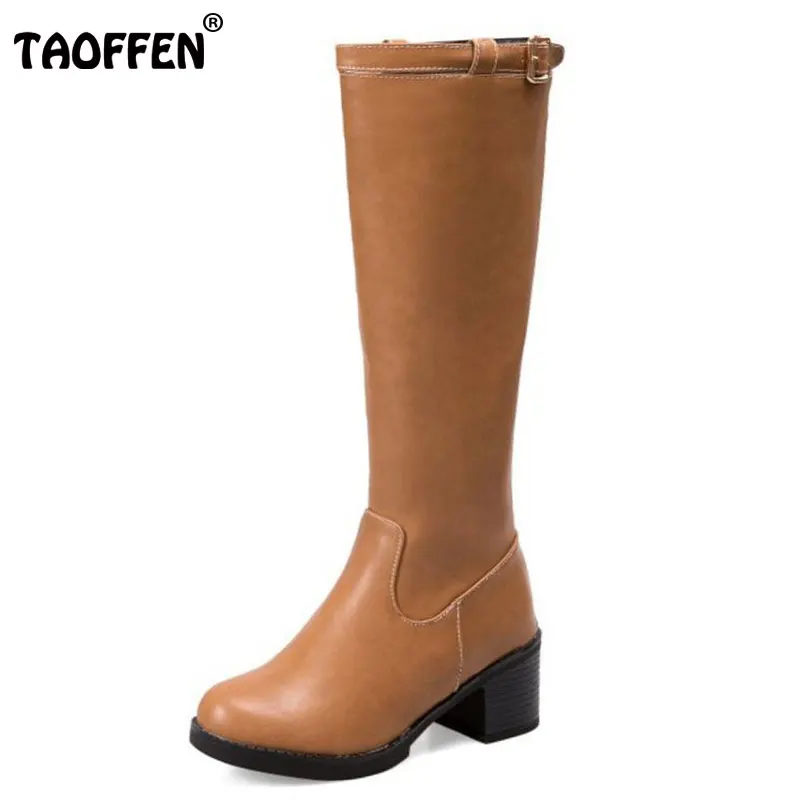

TAOFFEN Size 33-43 Women Thick High Heel Knee High Winter Boots For Women Buckle Strap Warm Plush Inside Shoes Winter Botas