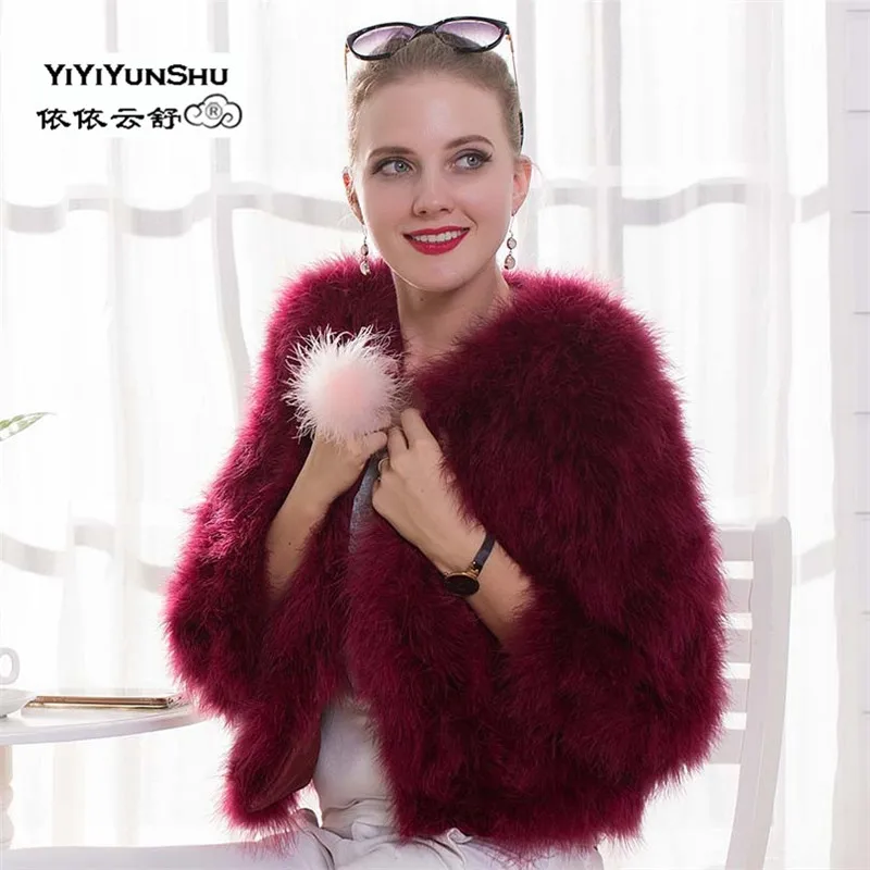 

YIYIYUNSHU Import New Real Turkey Fur coat for women Winter Thick Warm Short Natural Ostrich fur Coat Plus Size real fur coat
