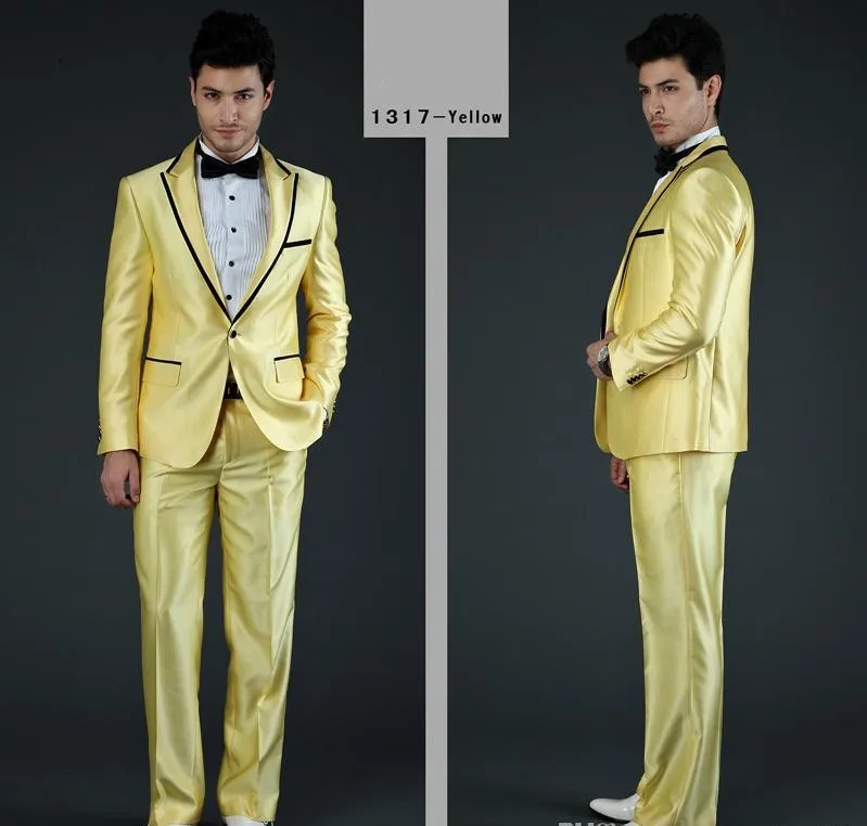 Индивидуальный заказ блестящие Жених одежда смокинги для женихов 3 цвета Best Man костюм пиковый нагрудные для мужчин свадебные - Цвет: Цвет: желтый