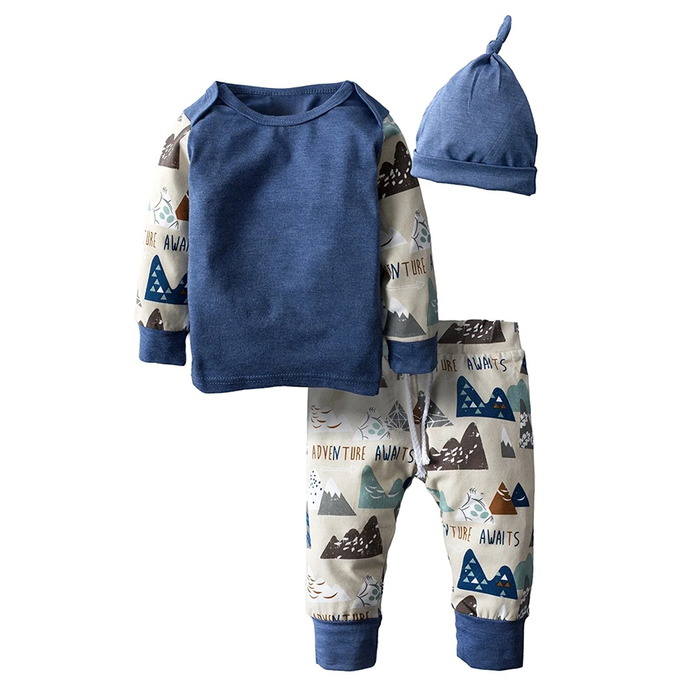 

2019 Hot Sale Newborn Baby Boy Clothes Autumn Long Sleeve Cartoon Graphic Top+Pants+Hat Infant 3 Pcs Baby Girl Clothing Set