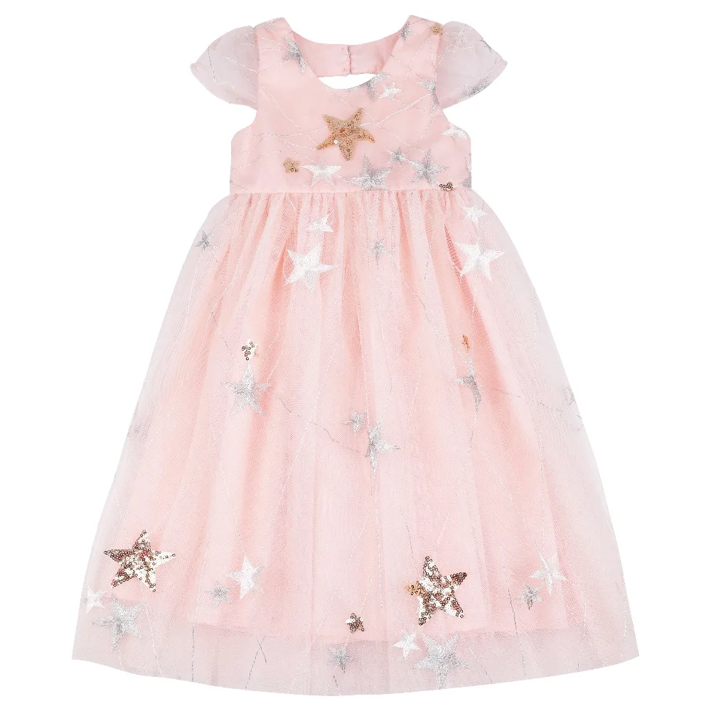 

Flofallzique Short Sleeve Pink Pentagram Pattern Kids Clothes Party Wedding Girls Toddler Dress 1-10