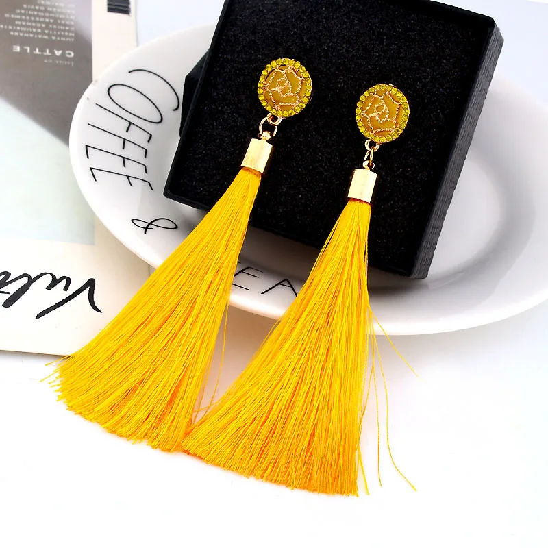 Fashion Bohemian Tassel Crystal Long Earrings White Red Silk Fabric Drop Dangle Tassel Earrings For Women Jewelry