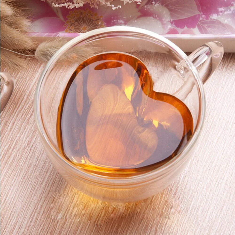 240ml Heart Shaped Double Wall Clear Glass Tea Cup Lover Coffee Cups