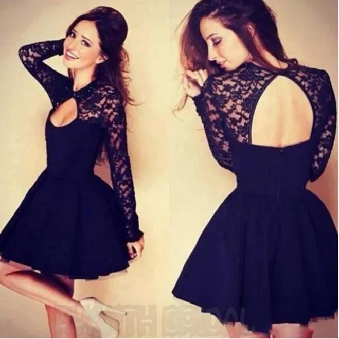 ZJ18 Sexy Black Lace Long Sleeve Short Mini Ball Gown Prom Dress 2016 Custom Made Vestido