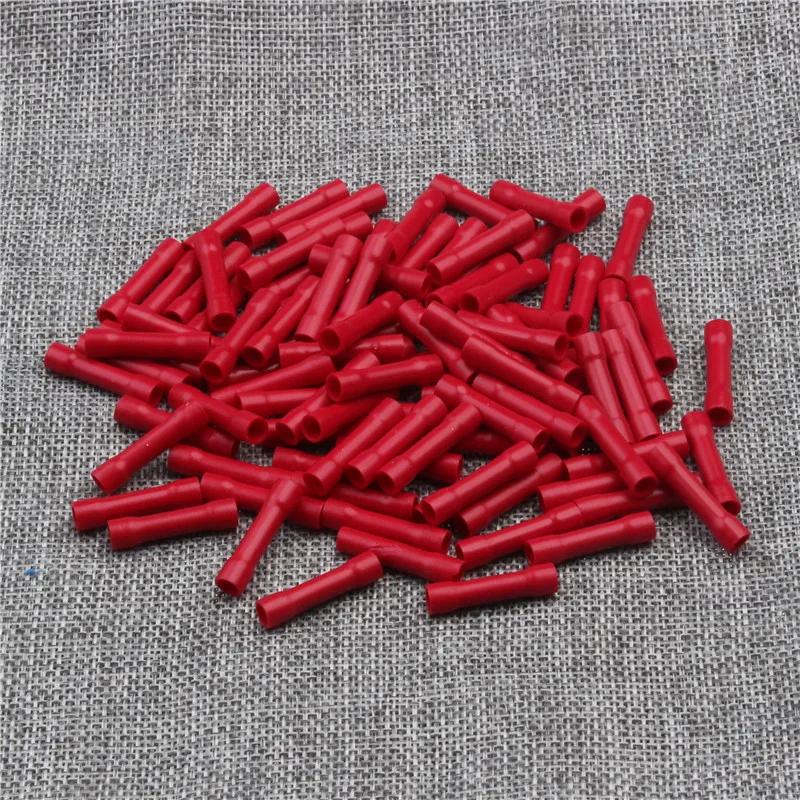

YT BV1.25 Red Full Insulated Crimp Butt Connector Electrical Wire Cable Splice Terminal 100pcs/pack 22-18AWG 0.5mm-1.5mm2 Kit