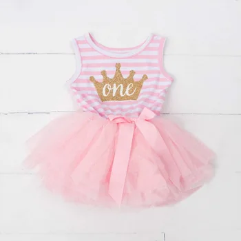 

Baby Girl Birthday Dress Crown Letters Sleeveless Stripe 1-2-3T Summer Princess Cake Dress Children Clothes E90287