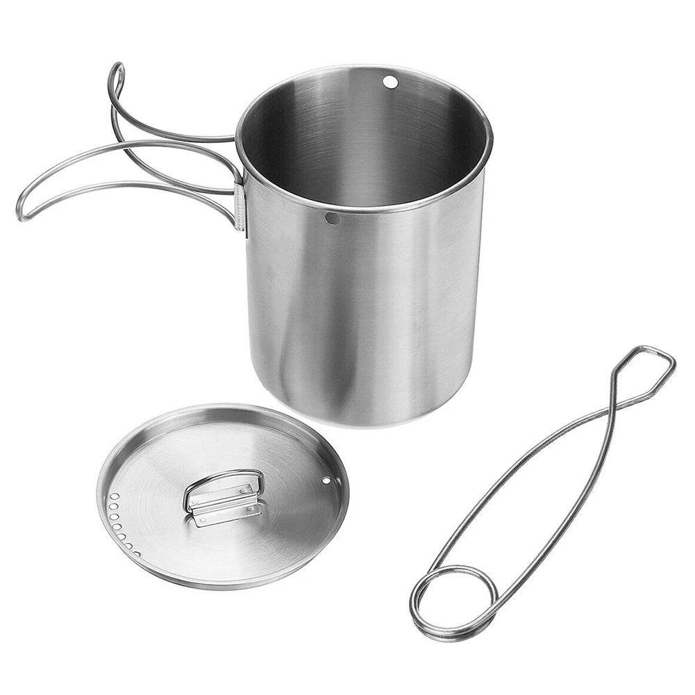 

Portable Water Cup Lid Coffee Food Handle Cooking Picnic Stainless Steel Outdoor Camping Hook Foldable Mug Hanging Pot