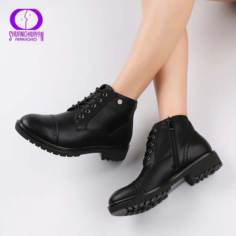 AIMEIGAO Fashion Vintage Women Ankle Boots Soft Leather Flat Shoes Comfortable Women Boots Lace Up Soft Leather Classic Shoes