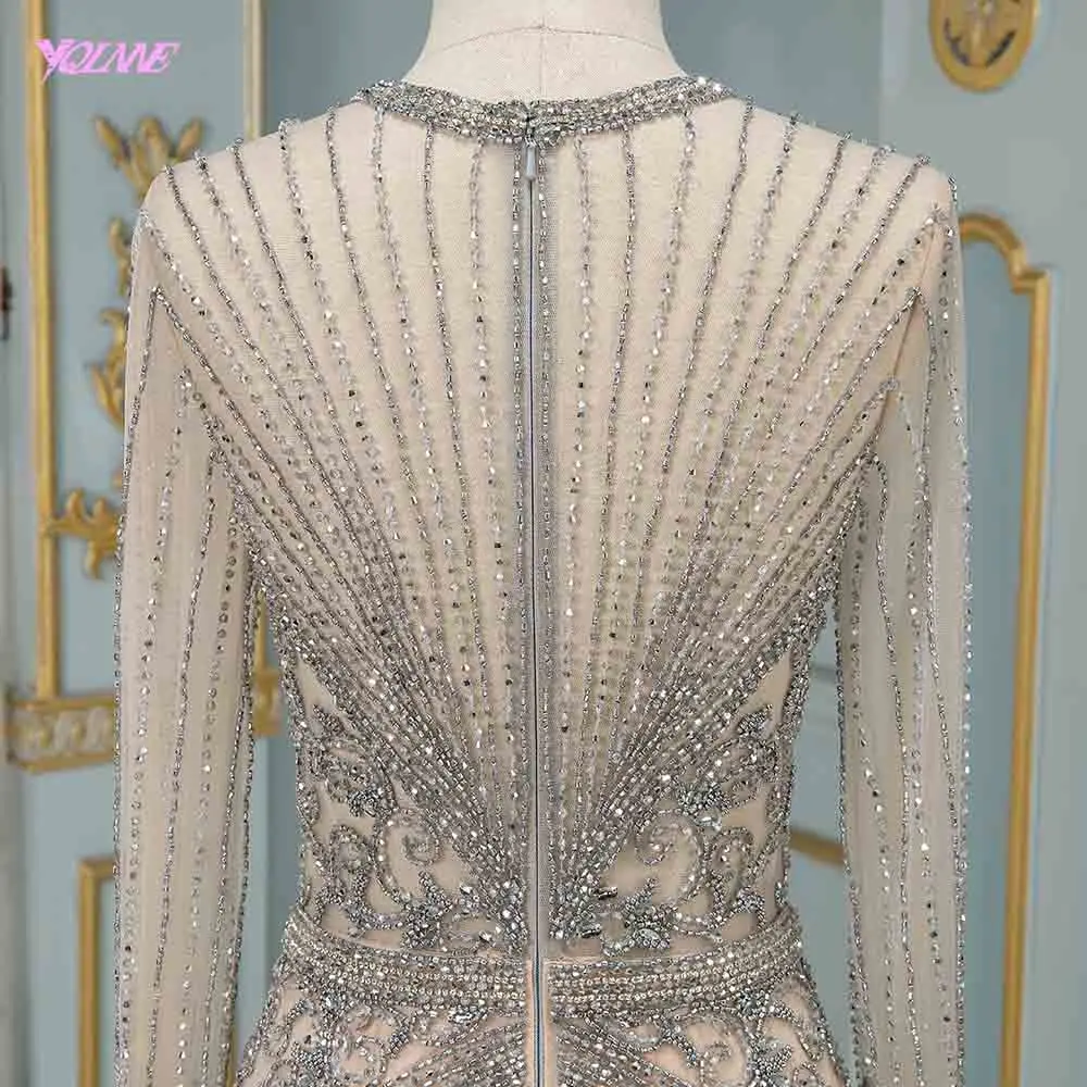 Robe De Soiree роскошные серебряные стразы с длинным рукавом Вечерние платья Длинные Обнаженные Формальные Вечерние платья