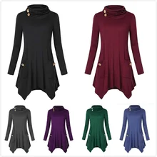 Dsvaenhd Осенняя Женская Повседневная футболка с воротником, с длинным рукавом, на пуговицах, с асимметричным подолом, топы в форме юбки, разноцветная осенняя одежда