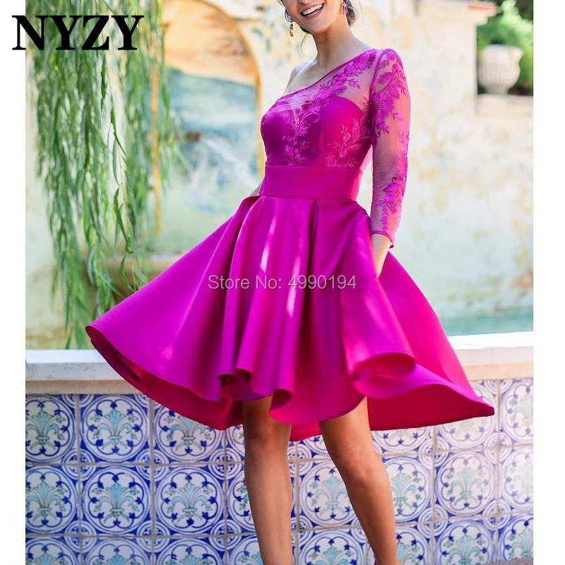 Vestido Robe коктейльные платья NYZY C199 одно плечо 3/4 рукав фуксия короткий атласный платье Вечерние для выпускного