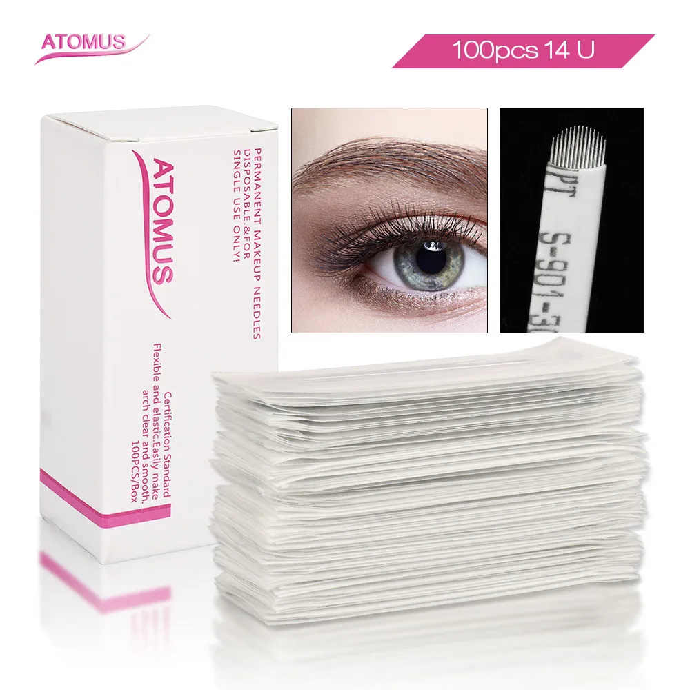 

100Pcs Microblading Needle 14U Double Arc 14 Tattoo Eyebrow Permanent Makeup Sterilization Needles Igneleri Aghi Micro Blading