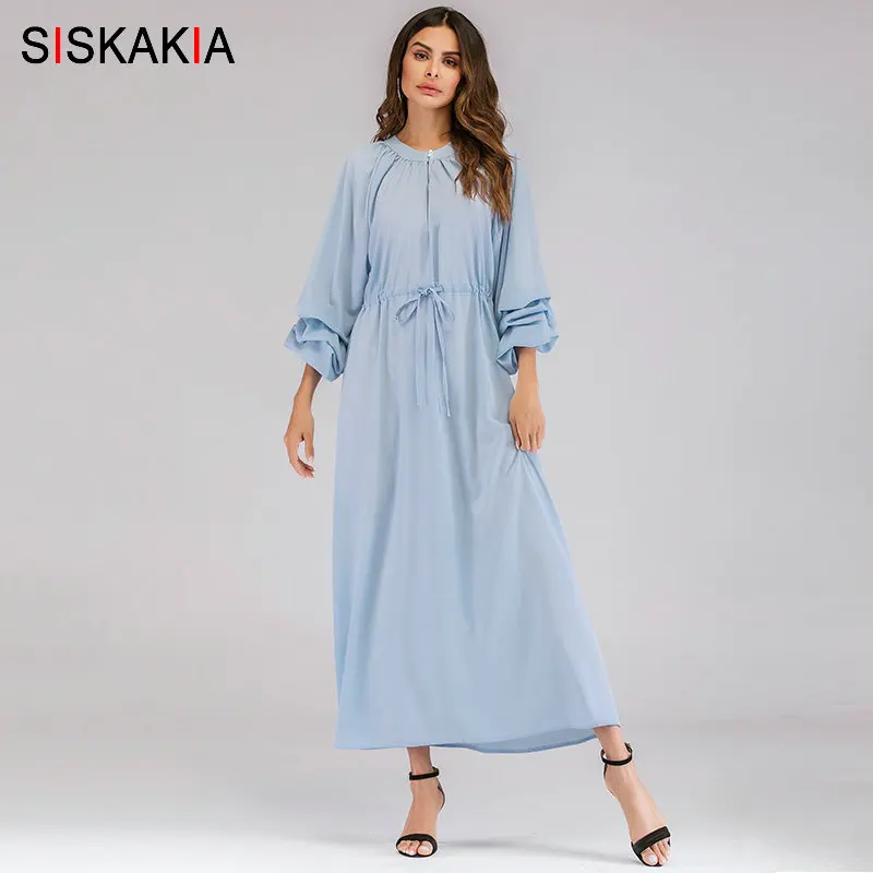 

Siskakia Loose Big Size Casual Long Dress Solid Blue Adjustable lace Up Waist Maxi Dresses for Women Round Neck Deading Design
