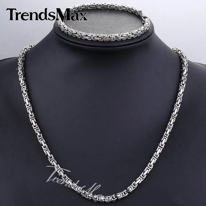 Trendsmax JEWELRY SET 5MM Mens Boys Chain Gold Silver Tone Byzantine Box Stainless Steel Necklace Bracelet Set Wholesale KS01