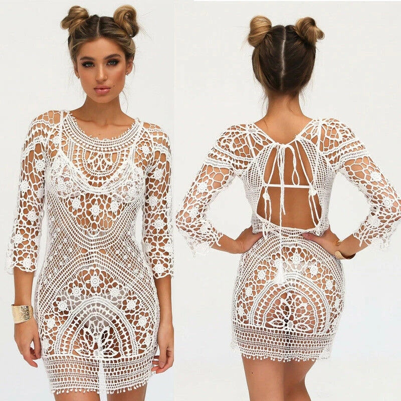 Women's Bikini Cover Up Sexy Backless Crochet White Summer Beachwear 2019 Hollow Out Net Bathing Suit Sexy Mini Dress Clothing