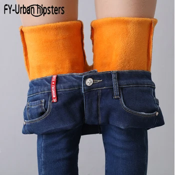 

Winter thick fleece warm women jeans stretch high waist elastic denim pencil jeans velvet embroidery skinny jeans woman 2018
