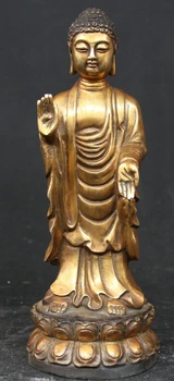 

Free shipping S1626 12" Tibet Buddhism Bronze Gilt Stand Lotus Shakyamuni Amitabha Buddha Statue