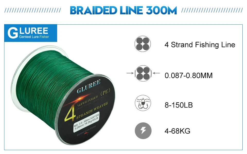GLUREE 300M328Yards 4 Stands PE Line Braided Fishing Line 100% PE Multifilament Fishing Line Super Strong High Quality 8LB-150LB (12)