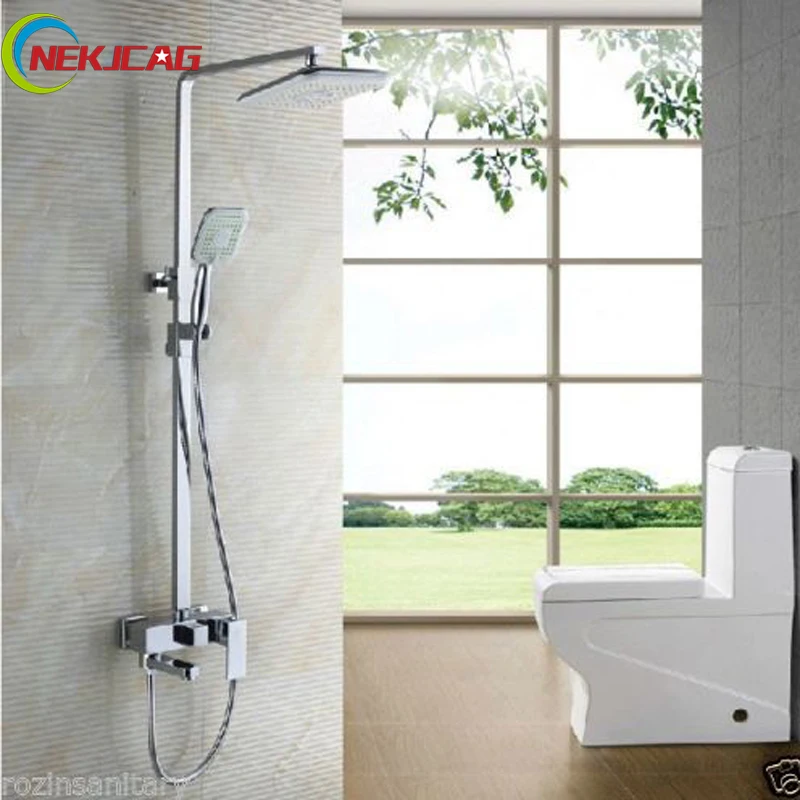 

Chrome Swivel Tub Spout Bath Shower Faucet Set 8" Rainfall Shower Mixer Taps with Handheld Shower Wall Mounted Square Style