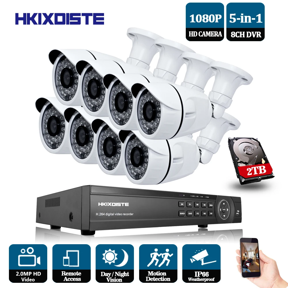 

hKIXDISTE HD 8CH 1080P CCTV System HDMI AHD DVR 8PCS 2.0MP IR Outdoor Night Vision Security Camera Video Surveillance Kit 2TB