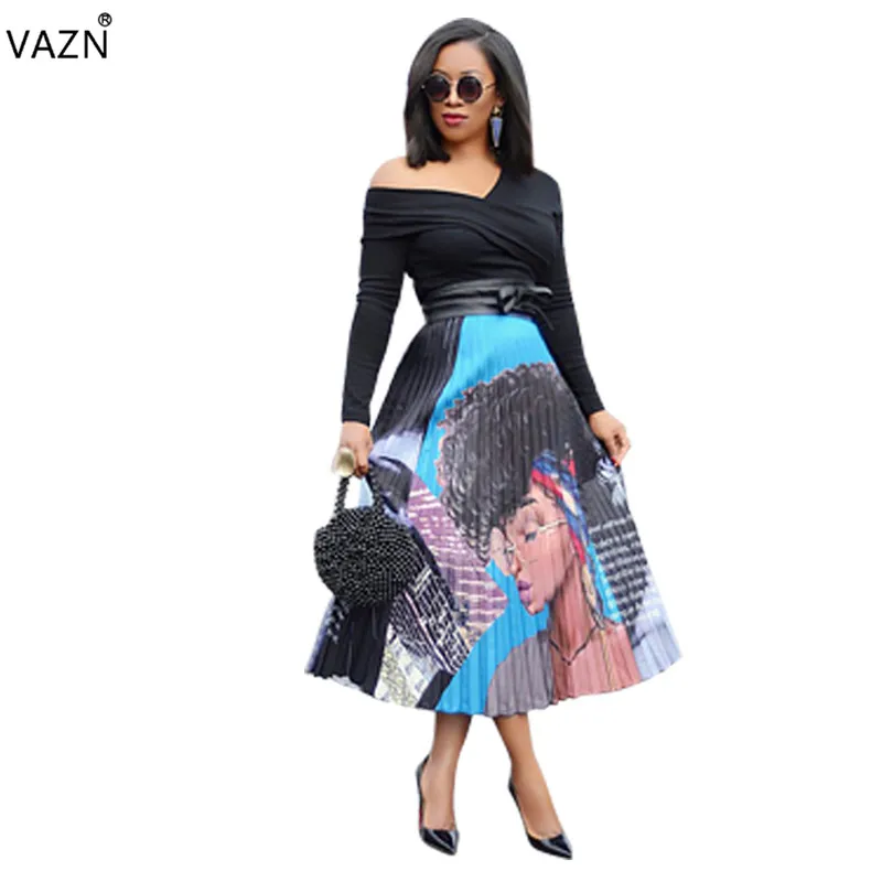 

VAZN 2019 Hot Sale Pleated long skirts women Bodycon Letter Cartoon Chiffon Joker Chiffon Elegant Midi Skirts LSD8277