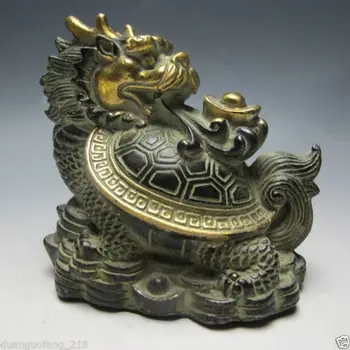 

Delicate collections Chinese animal Bronze Hand Work Statue - Dragon Turtle send ingot