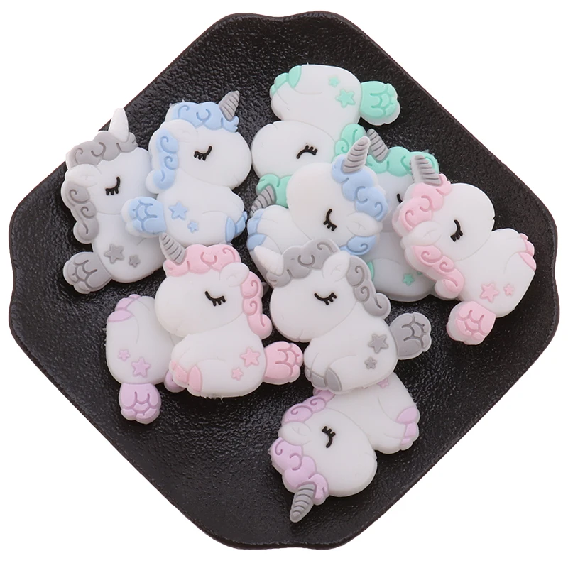 Fkisbox 5pc Rodent Silicone Unicorn Baby Teether Beads Flower Mordedor BPA Free Infant Chewing Teething Necklace Bunny Cloud Fox