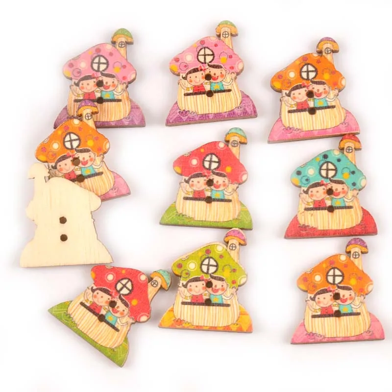 

25pcs Painted House Wooden Buttons For Clothing Sewing DIY Children's Garment Decorative Scrapbooking Crafts 27x30mm M0722x