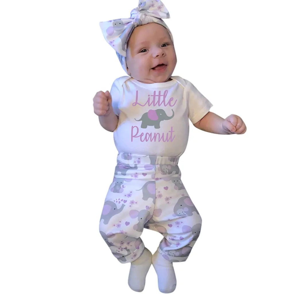 

Print Toddler Baby Boy Girl Cartoon Print NewBorn baby Children clothes Set Infant Kids Letter Romper+Pants+Hairband Outfits