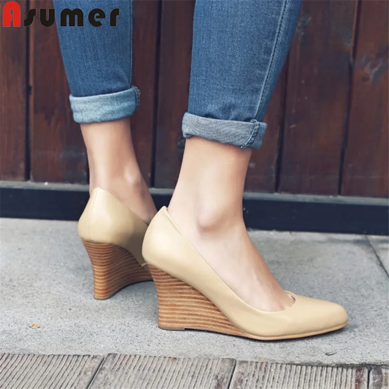 

ASUMER 2019 new pumps shoes women round toe shallow high heels genuine leather shoes women wedges women dress office shoes