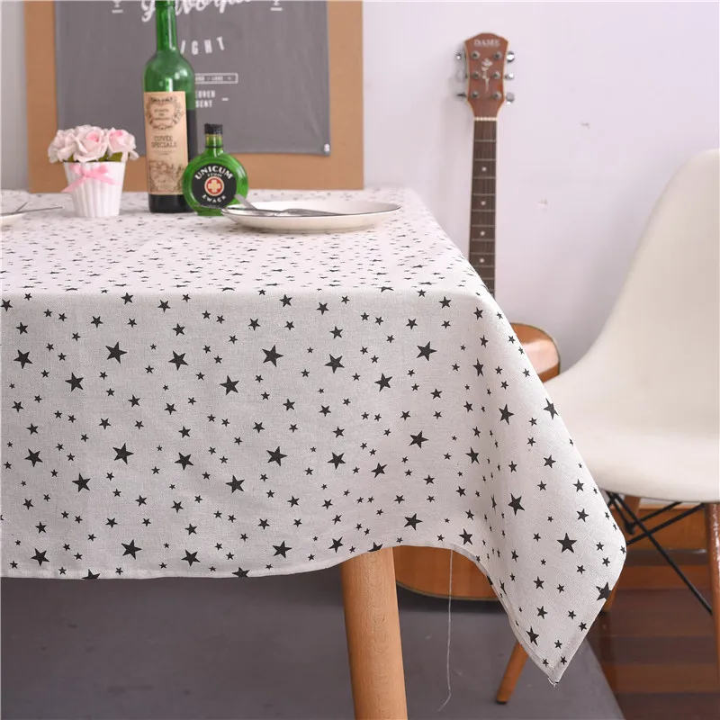 

Cotton Linen Print Black Stars Customed Tablecloth Cover Table Deco White Bottom 17317a