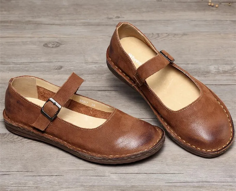 Whensinger- новая весенняя обувь с пряжкой buckle Strap Flats из натуральной кожи Модный дизайн 8567 повседневные кроссовки Женская обувь на плоской подошве - Цвет: Коричневый