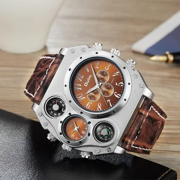 

OULM Unique Quartz Watch Men Brown Leather Strap 2 Time Zone 3 Sub-dial Decoration Big Dial Oversize Fashion Sport Wrist Watches