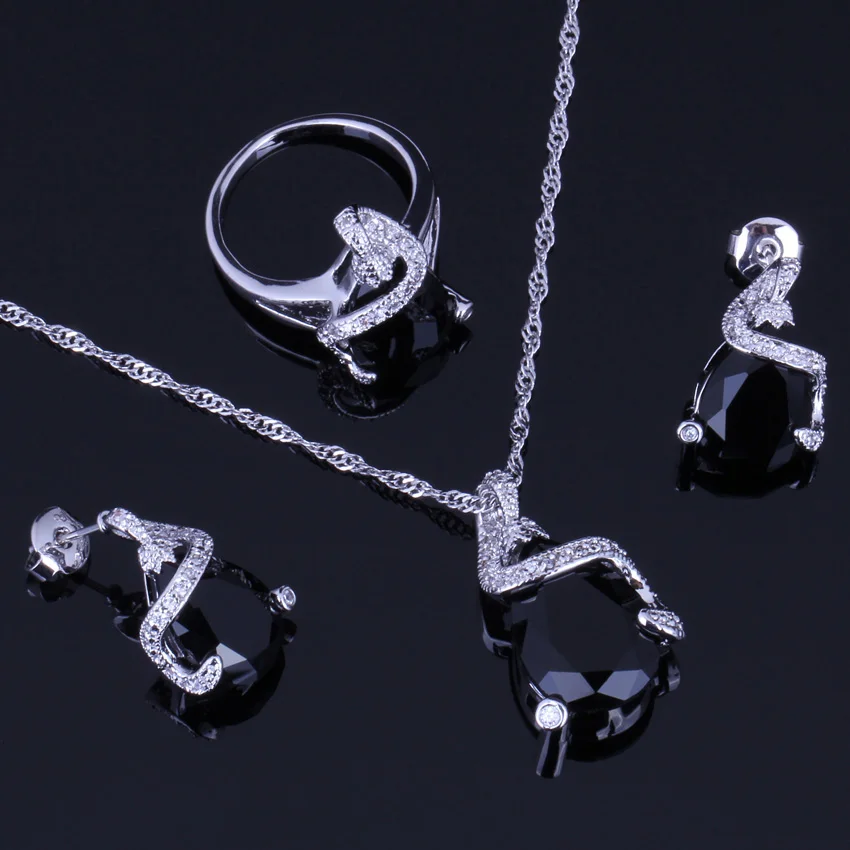

Absorbing Black Cubic Zirconia 925 Sterling Silver Jewelry Sets For Women Earrings Pendant Chain Ring V0238