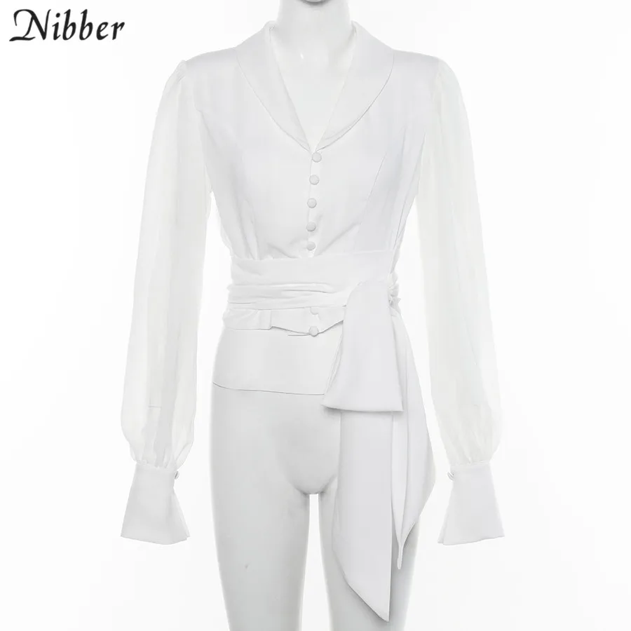 Nibber 2019Autumn Office ladies White Chiffon tops women full sleeve t-shirts Solid Elegant wild Slim Soft Belt tee shirts mujer