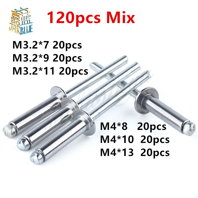 

120Pcs/set M3.2*7/9/11 M4*8/10/13 GB12618 Aluminium Blind Rivets Nail Decoration Pop Rivets For Furniture Assortment Kit