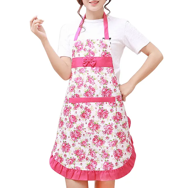 Chinese Floral Cotton Linen Apron Woman Bibs Home Cooking Baking Coffee