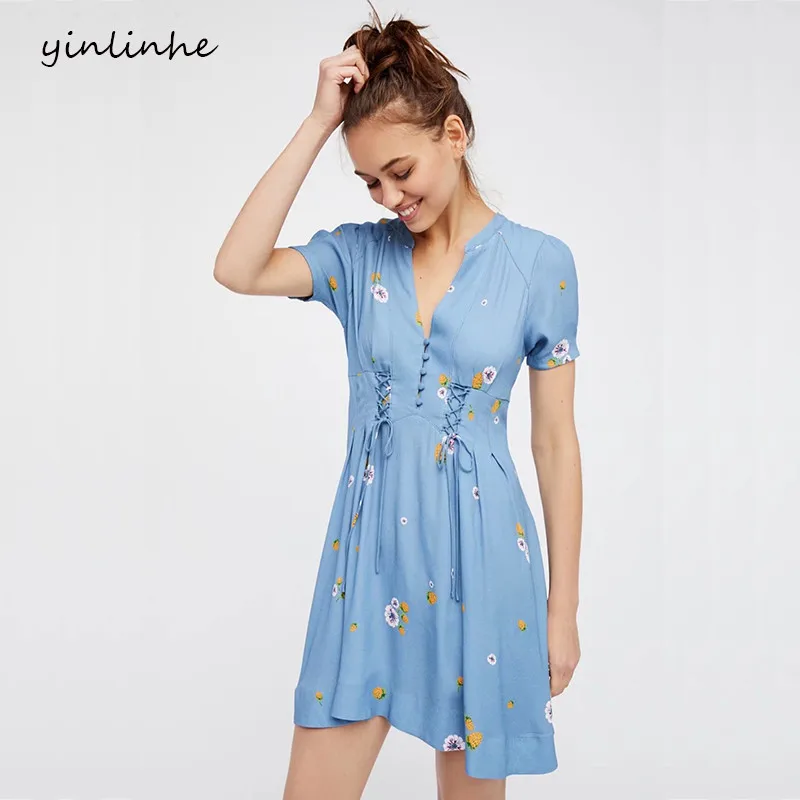 yinlinhe Floral Lace Up Summer Dress Short Sleeve Blue Slim Waist Sexy Women Beach Dress V neck Elegant Bohemian Vestidos  3