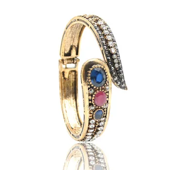 Vintage Women Turkish Leaf Bangles Antique Gold Color Color Crystal Ladies Bracelets Ethnic Imitation Jewelry Pulseira Feminina