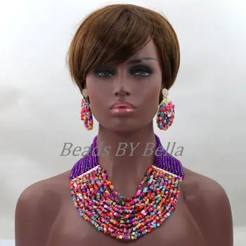 

Amazing Multicolor Wedding Beads Necklace Drop Earrings Set Purple Bridal Party Necklace Wedding Guests Free Shipping ABL303