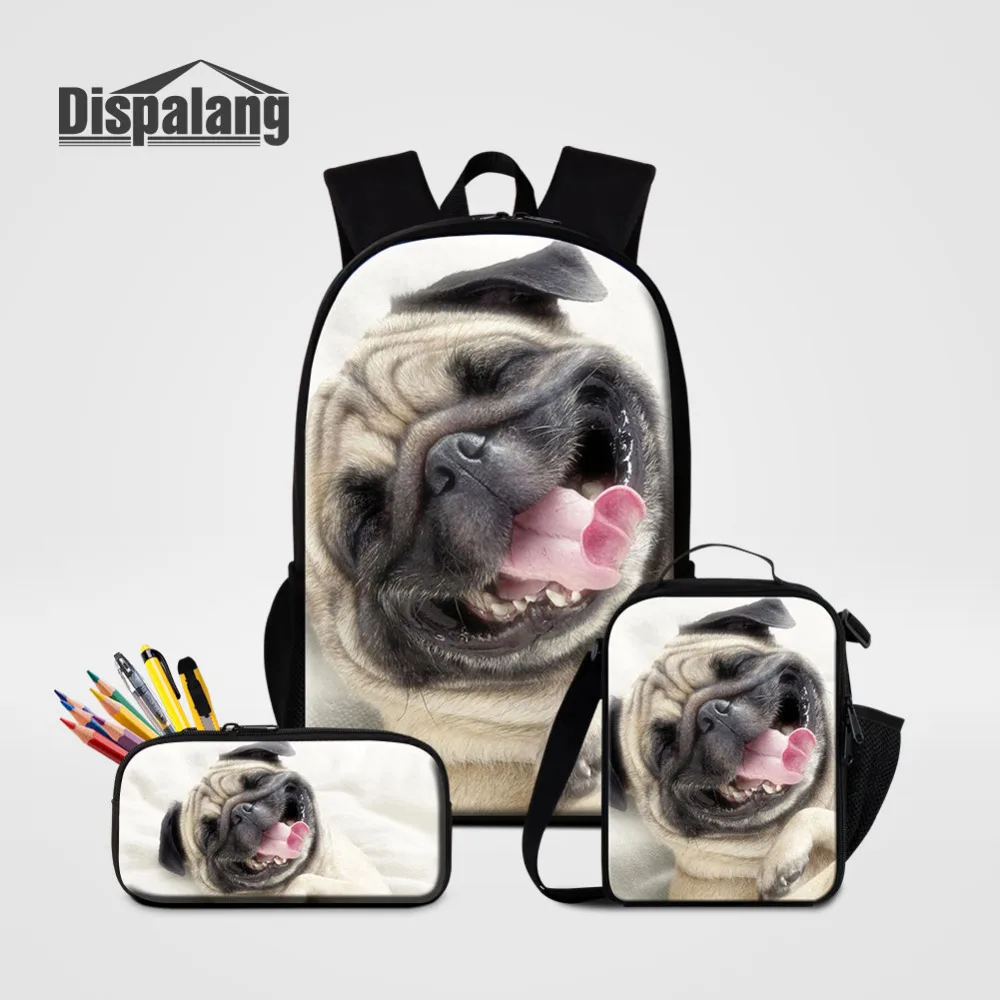 Dispalang 3 Pcs/set Women Backpacks Pug Animal Print Schoolbag Pencil